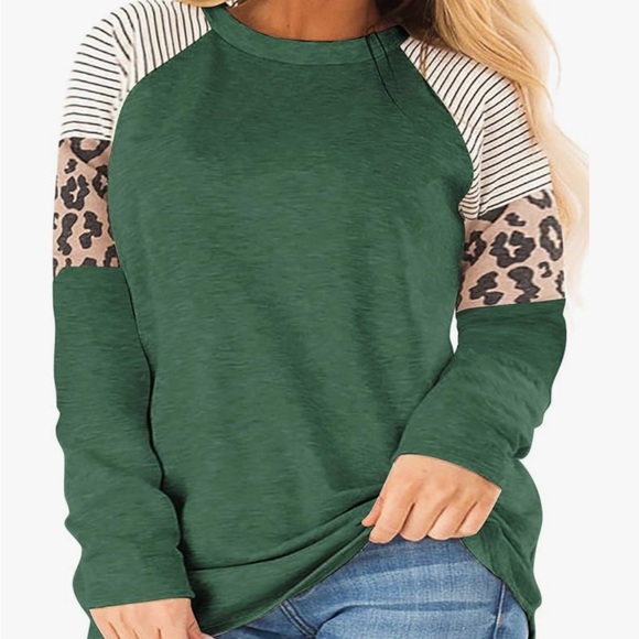 LANREMON Plus Size Tops Women Leopard Printed Long Sleeve Top, Color Block Tunic - Picture 2 of 5